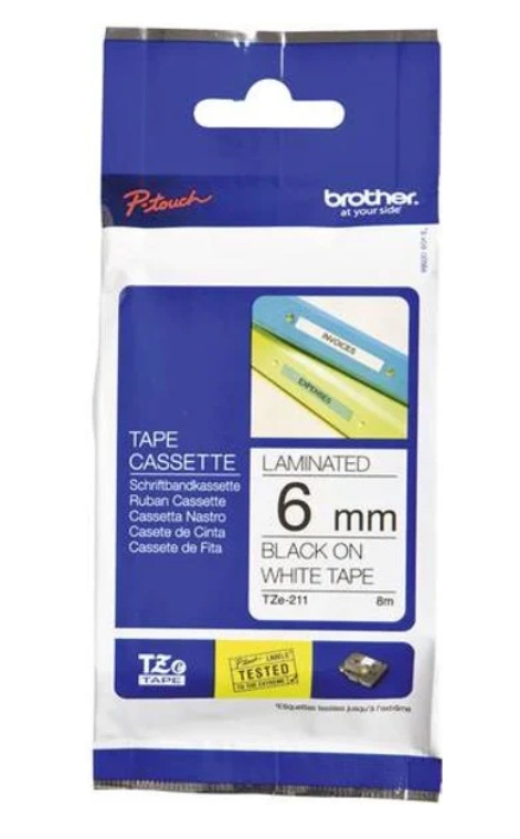 Brother TZe-211 Laminated Label Tape – 6mm Black on White (8m)