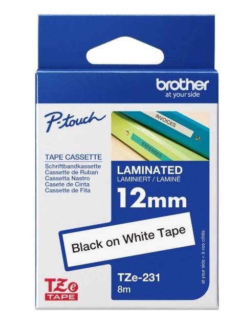 Brother TZe-231 Laminated Label Tape – Black on White (12mm)