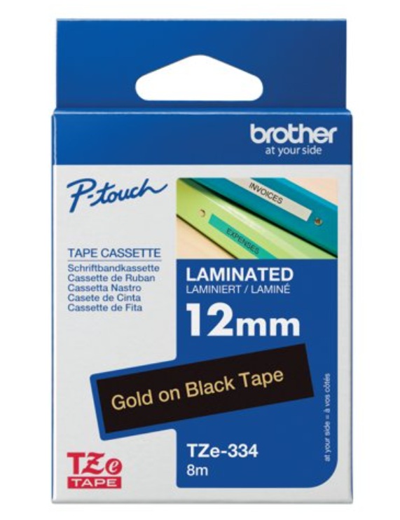 Brother TZe-334 Laminated Label Tape | 12mm Gold on Black