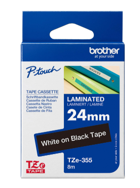 Brother TZe-355 Laminated Tape – 24mm x 8m (White on Black)