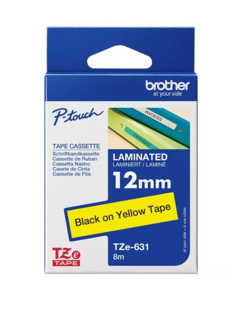 Brother TZe-631 Laminated Label Tape – 12mm Black on Yellow