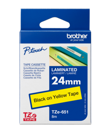 Brother TZe-651 Laminated Tape – 24mm x 8m (Black on Yellow)