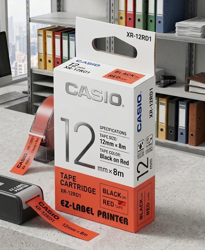 Casio Tape Cartridge 12mm Black INK RED XR-12RD1