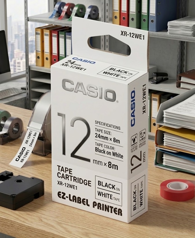 Casio Tape Cartridge 12mm x 8m Black on White Tape XR12WE1