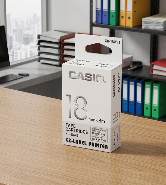 Casio Tape Cartridge 18mm Black Ink WHITE XR-18WE1