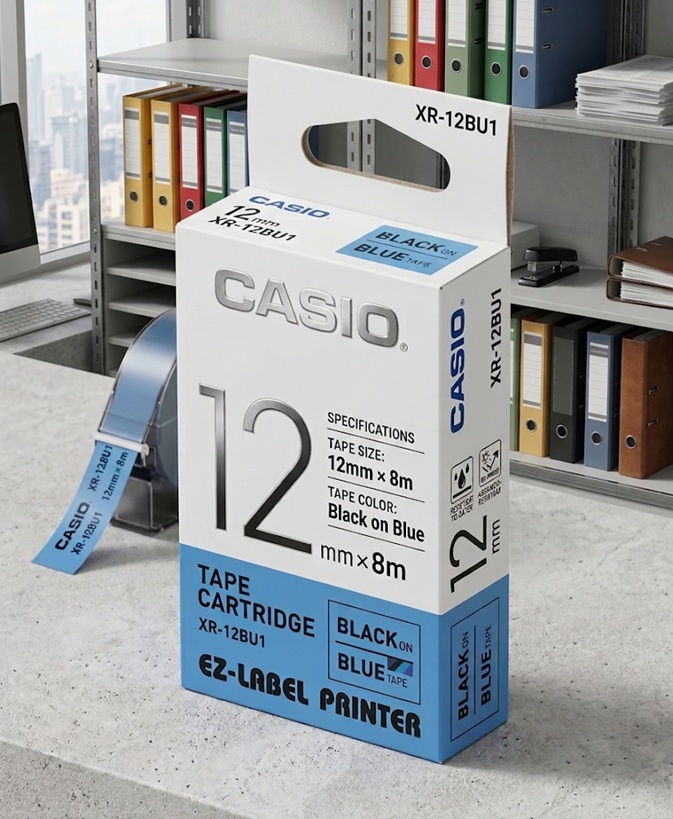 Casio XR-12BU1 Tape Cartridge (12mm x 8m, Black on Blue)