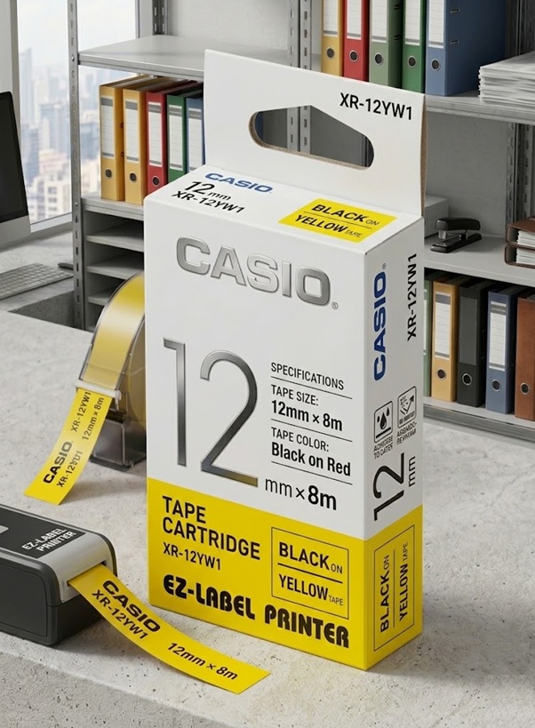 Casio XR-12YW1 Tape Cartridge (12mm x 8m, Black on Yellow)