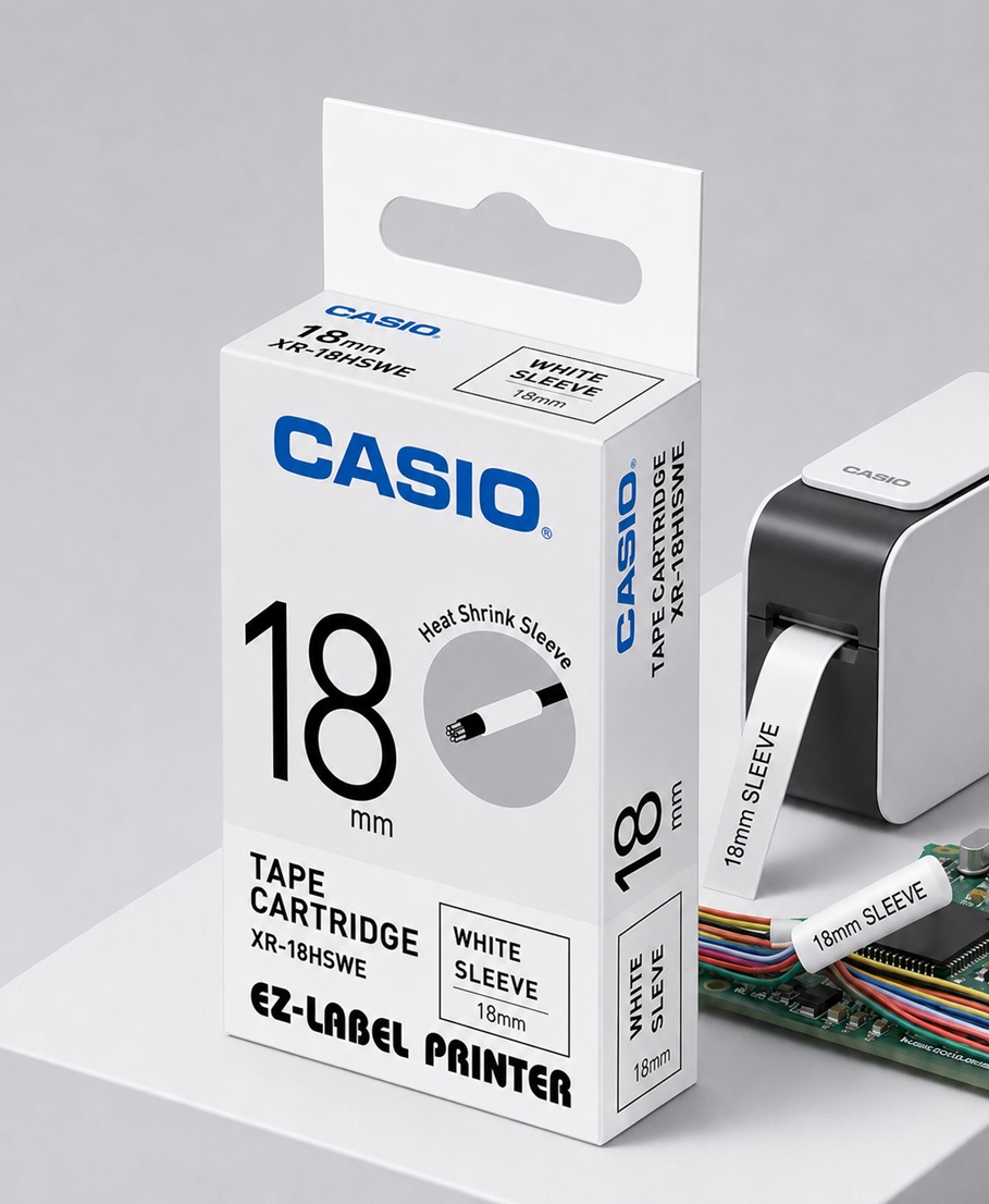 Casio XR-18HSWE Heat Shrink Sleeve Tape Cartridge – 18mm