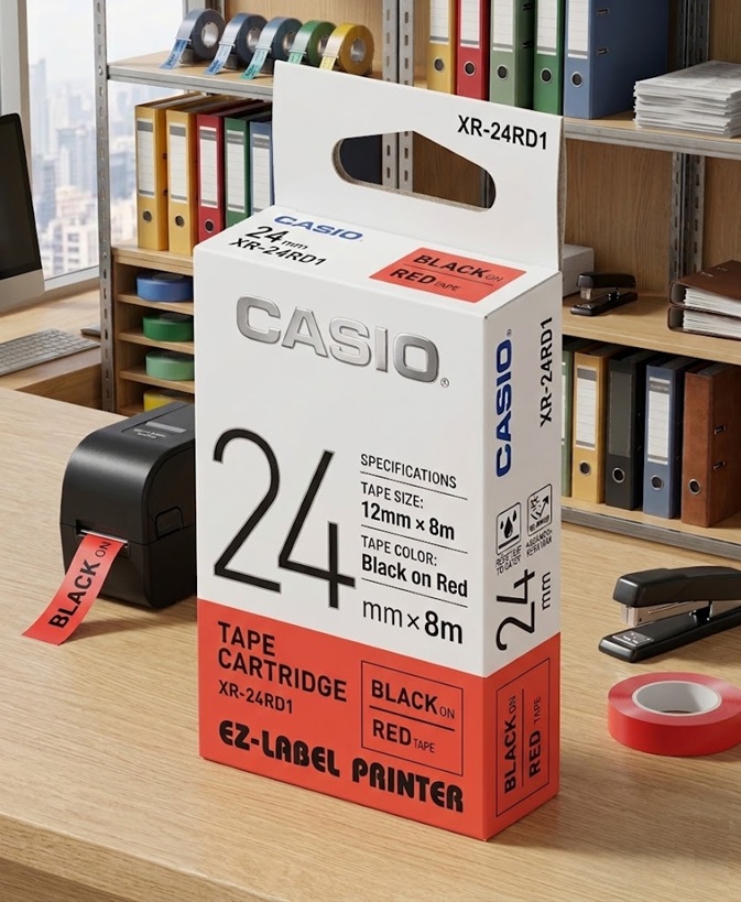 Casio XR-24WE1 Tape Cartridge (24mm x 8m, Black on White)
