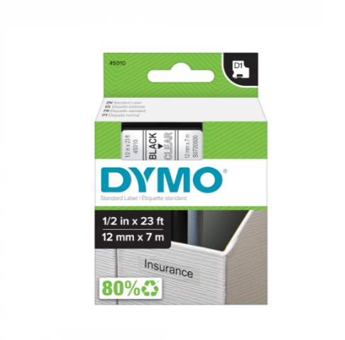 Dymo D1 45010 Standard Label 12mm x 7m 1/2in x 13 ft Black to CLEAR S0720500