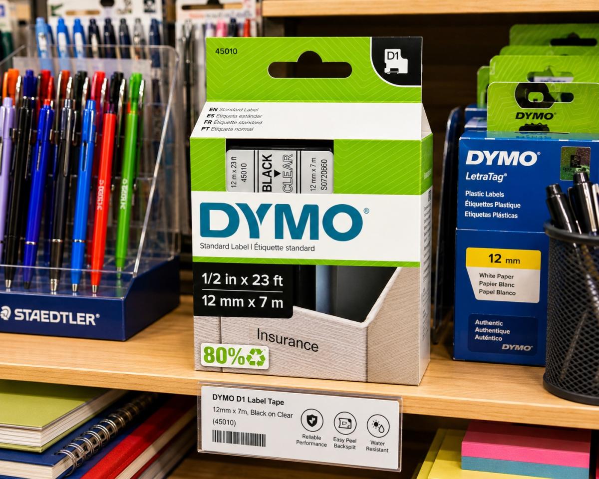 DYMO D1 45010 Standard Label Tape (12mm x 7m) – Black Print on Clear (S0720500)