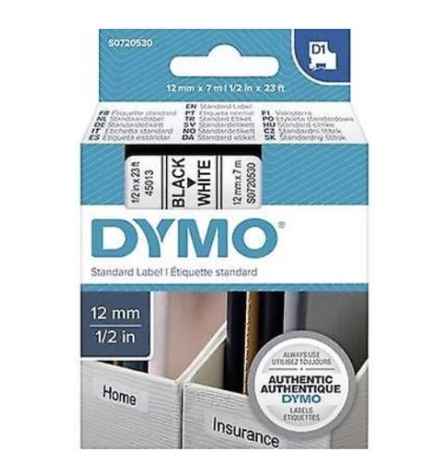 DYMO D1 45013 Standard Label Tape | Black on White | 12mm x 7m (S0720530)