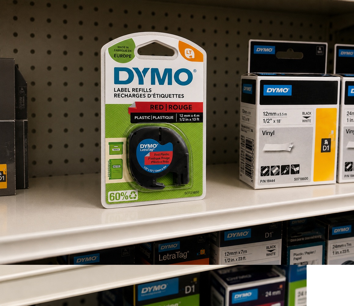 DYMO LT RED Plastic Labels 12mm x 4m 1/2inc x 13 ft