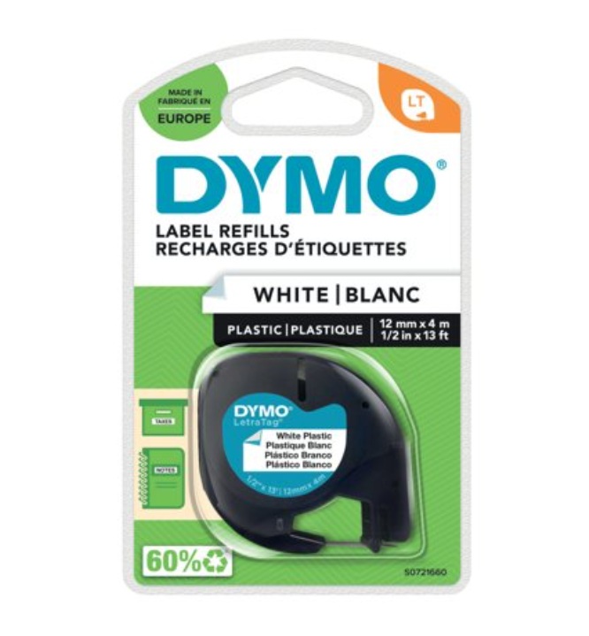 DYMO LT White Plastic Label Refills 12mm x 4m 1/2in x 13 ft