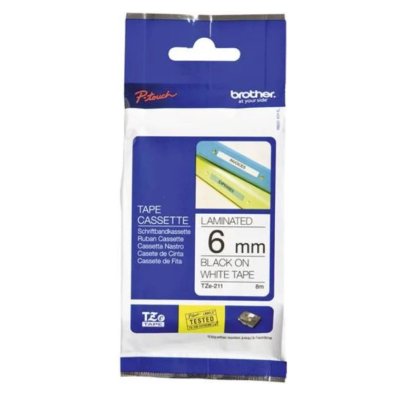 Brother TZe-211 Laminated Label Tape – 6mm Black on White (8m)