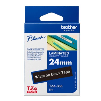 Brother TZe-355 Laminated Tape – 24mm x 8m (White on Black)