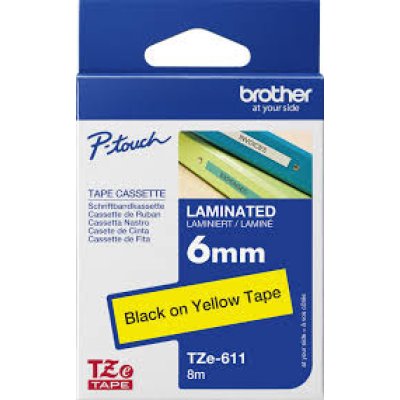 Brother TZe-611 Laminated Label Tape | 6mm Black on Yellow
