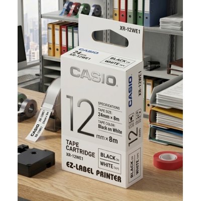 Casio Tape Cartridge 12mm x 8m Black on White Tape XR12WE1