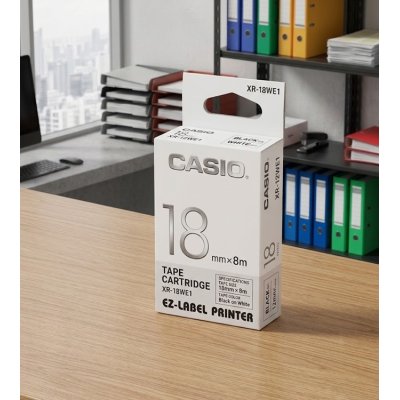 Casio Tape Cartridge 18mm Black Ink WHITE XR-18WE1