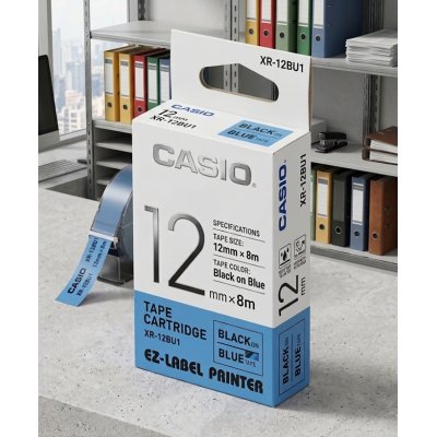Casio XR-12BU1 Tape Cartridge (12mm x 8m, Black on Blue)