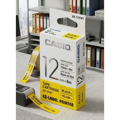 Casio XR-12YW1 Tape Cartridge (12mm x 8m, Black on Yellow)