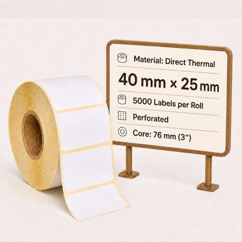 Direct Thermal Labels 40mm x 25mm – 5,000/Roll (76mm Core) | Gold Star Kuwait - Gold Star Computer Kuwait