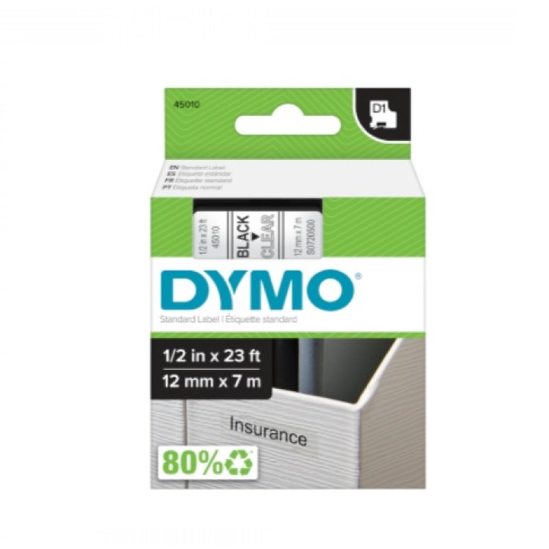 Dymo D1 45010 12mm x 7m 1/2in x 13 ft Black to CLEAR - Dymo | Gold Star Kuwait - Gold Star Computer Kuwait