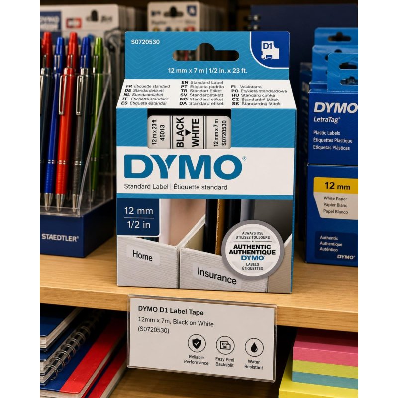 DYMO D1 Standard Label Tape | Black on White | 12mm (S0720530) - DYMO | Gold Star Kuwait - Gold Star Computer Kuwait