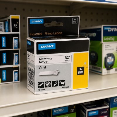 Dymo Rhino Industrial Labels 18444 12mm x 5.5m 1/2 in x 18ft Black to White
